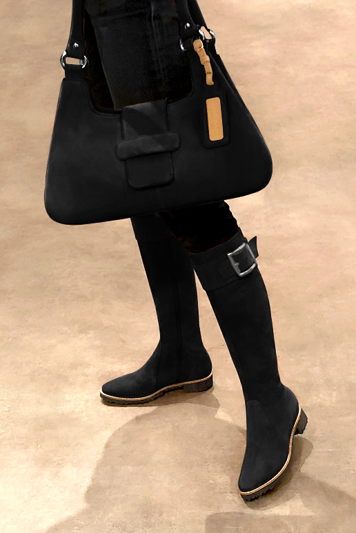 Matt black women's riding knee-high boots. Round toe. Flat rubber soles. Made to measure. Worn view - Florence KOOIJMAN